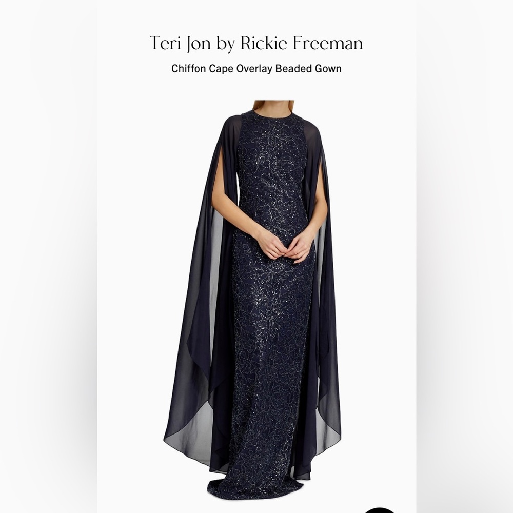 Teri Jon by Rickie Freeman, Navy Chiffon Cape Overlay Beaded Gown Size 14